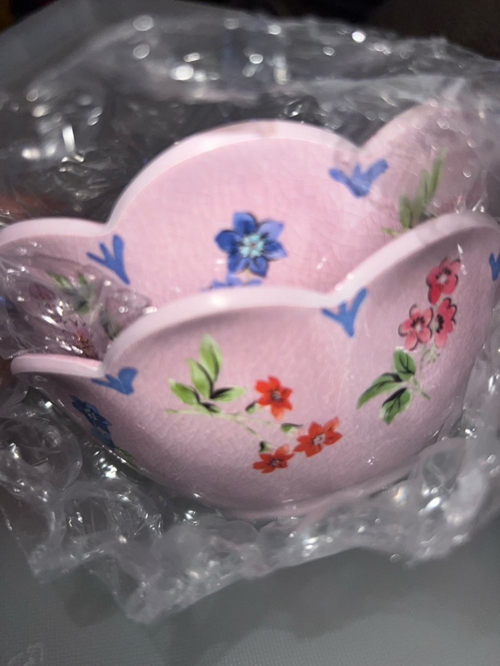 Anthropologie Pink Floral Scalloped Ceramic Bowl 2 PC Set